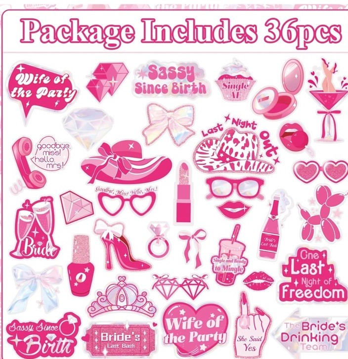 36 Pcs Bachelorette Photo Booth Props Pink Girls Birthday Decorations Photo