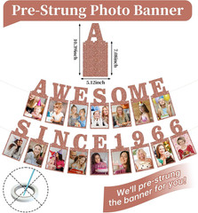 Pre-Strung Awesome since 1966 Photo Banner Birthday Decorations for Women- Pink