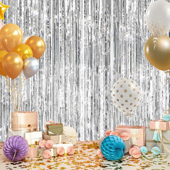 2Pack Silver Metallic Tinsel Foil Fringe Curtains, Door Streamer Photo Booth Bac