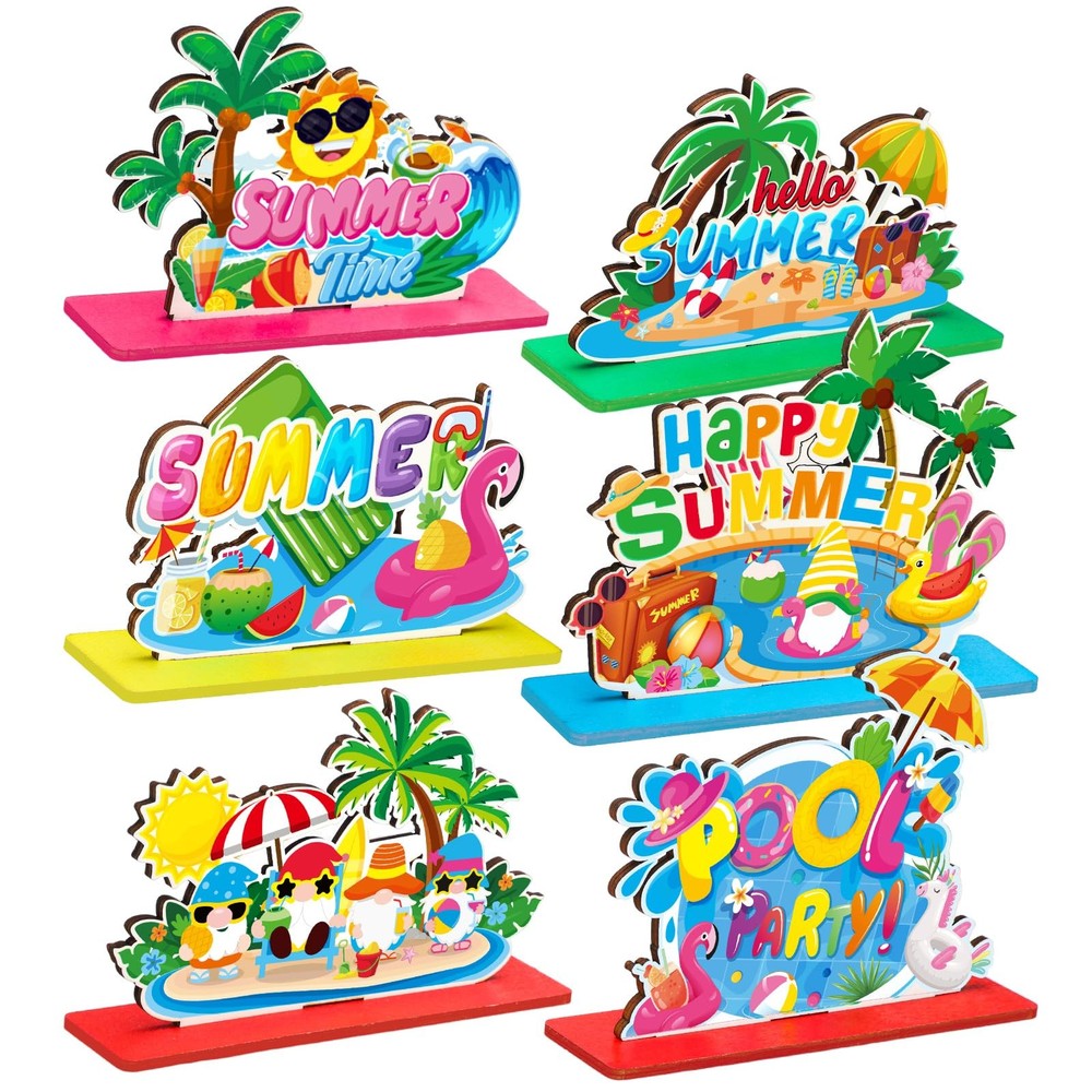 6 Pcs Summer Party Decorations Wooden Hello Summer Table Centerpieces Hawaii …