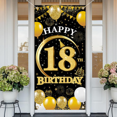 18Th Birthday Decorations Door Banner – 1 Pcs Glitter Gold Black Happy 18Th Birt