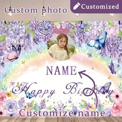 1pc Personalized Purple Flower Butterfly Princess Birthday Poster Tapestry Art ♪