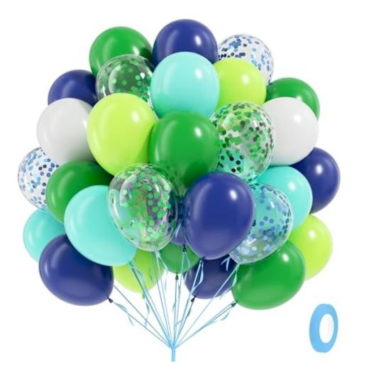 60pcs Blue and Green Balloons 12inch, Navy Blue Lime Green Blue Green White