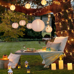 12Pcs White Paper Lanterns with LED Lights, Chinese Hanging Lanterns (6″ 8″ 10″