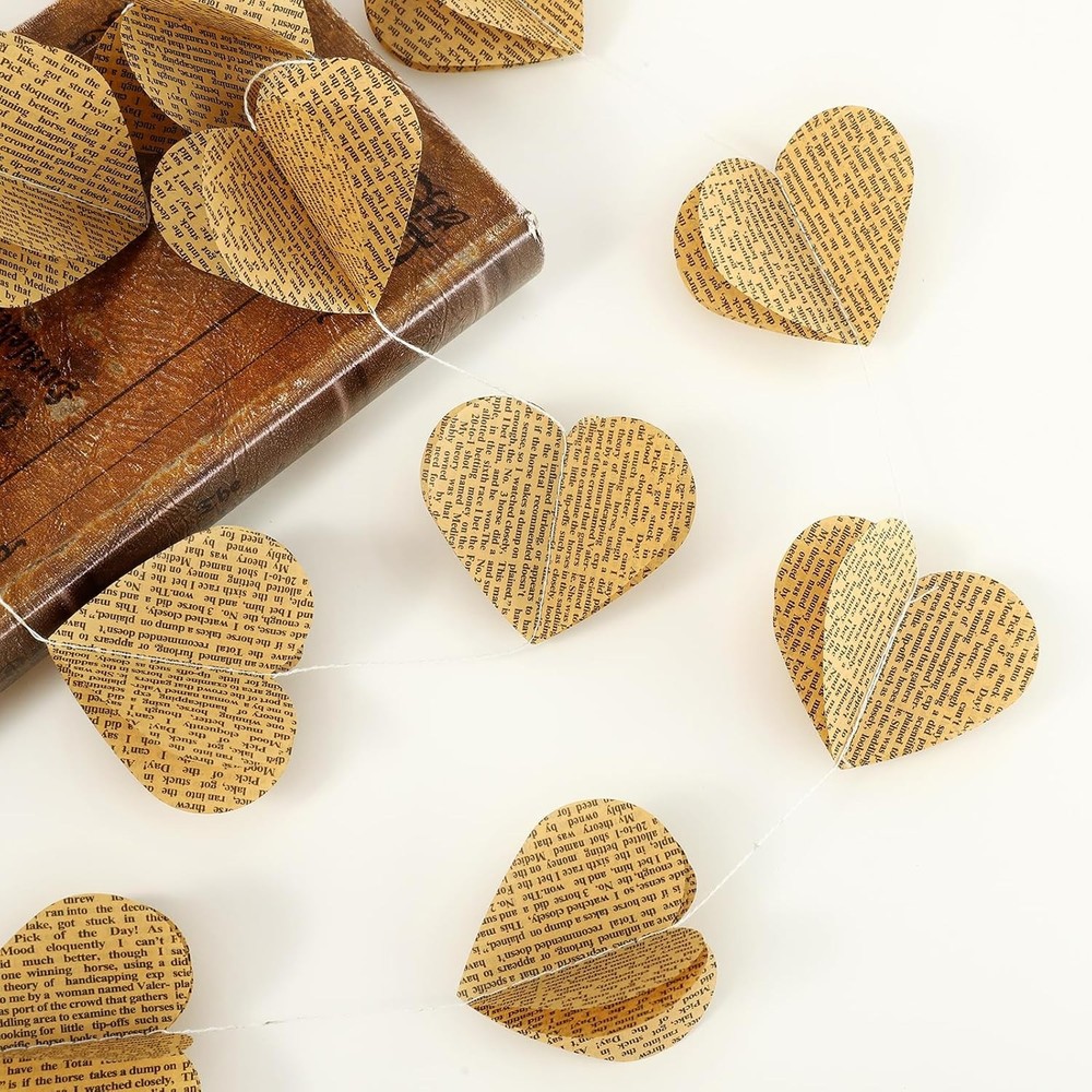 4 Pack 3D Heart Garland Vintage Pages Recycled Book Garland Newspaper Bunting…
