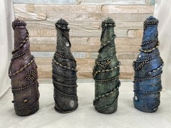 STEAMPUNK GLASS BOTTLES X4 – ANY OCCASION OR SPACE – RED/GREEN/SILVER/BLUE