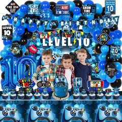 10Th Birthday Decorations for Boys, 149Pcs Blue Video Game Level 10 Party Suppli