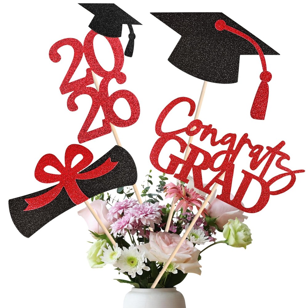20 PCS Graduation Decorations Class of 2026, Black and Red Double-Sided Cente…