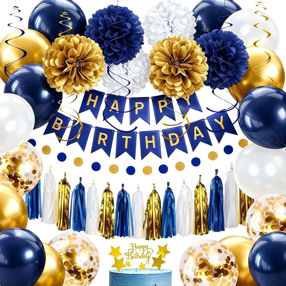 Decorations for Men, Navy Blue and Gold Party Decorations Set – Happy Banner,…