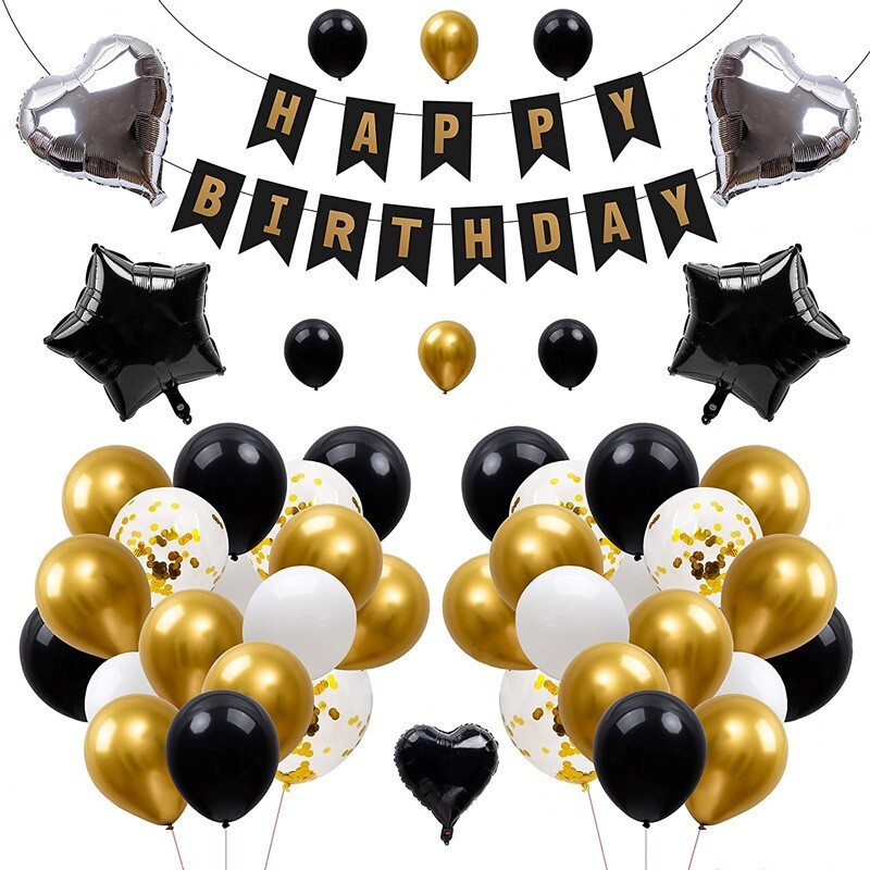 Black Gold Happy Birthday Banner Latex Aluminium Film Balloons decorations set