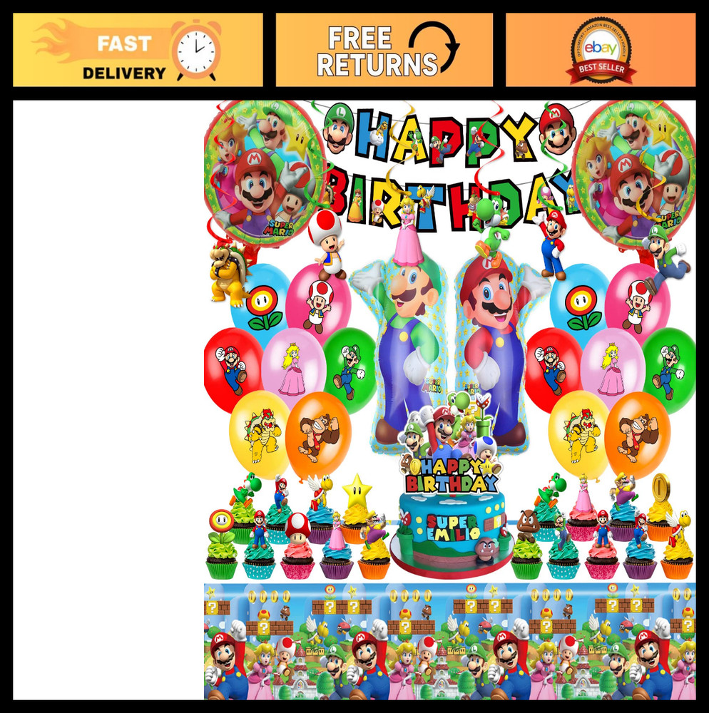 Mario Theme Birthday Party Supplies Set – Banner, Balloons, Tablecloth & Toppers
