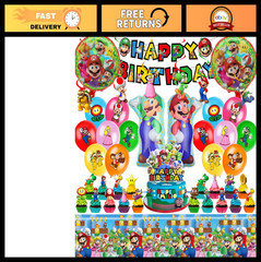 Mario Theme Birthday Party Supplies Set – Banner, Balloons, Tablecloth & Toppers