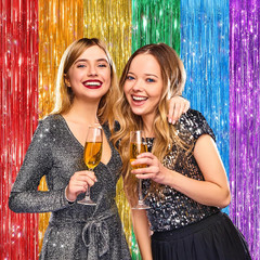 2 Pack Rainbow Metallic Tinsel Foil Fringe Curtains, Door Streamers Photo Booth