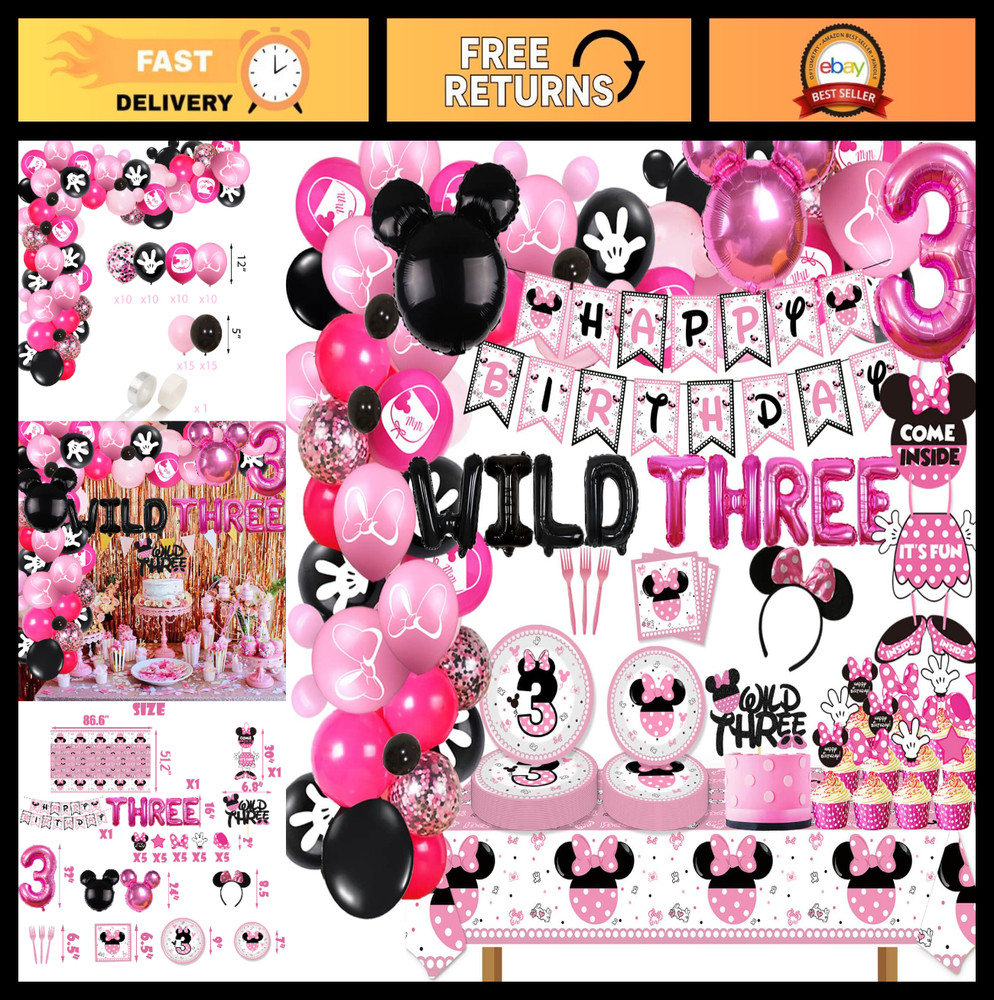 161PCS Minnie 3rd Birthday Party Decorations, Wild Three Balloons, Tableware & G