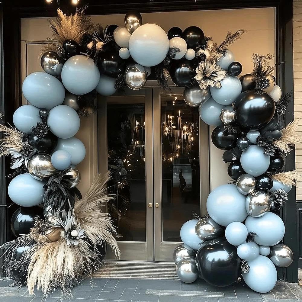 Blue Black Balloon Garland Double Stuffed Dusty Blue White Balloons Black Sil…