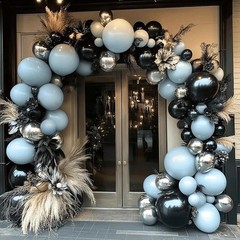 Blue Black Balloon Garland Double Stuffed Dusty Blue White Balloons Black Sil…