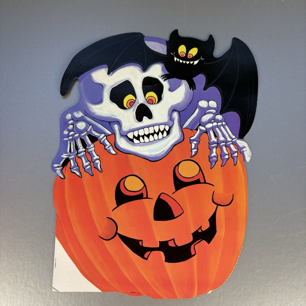 VTG Eureka Halloween Skeleton Pumpkin Bat Decoration Paper Die Cut 2 Sided