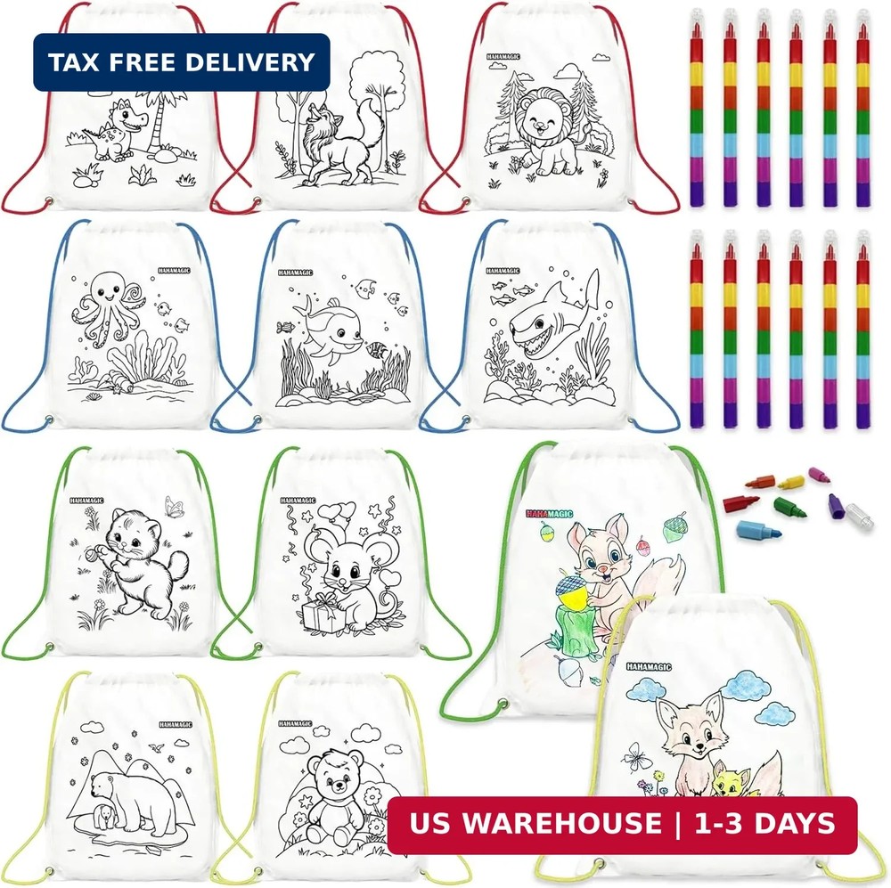 12 PCS Colorable Drawstring Backpack for kids with 12 stackable crayons (7 Color