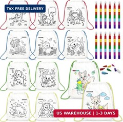 12 PCS Colorable Drawstring Backpack for kids with 12 stackable crayons (7 Color