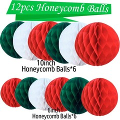 12 PCS Paper Honeycomb Flower Balls Tissue Pompoms Sizes 6 10 Inch Red Green
