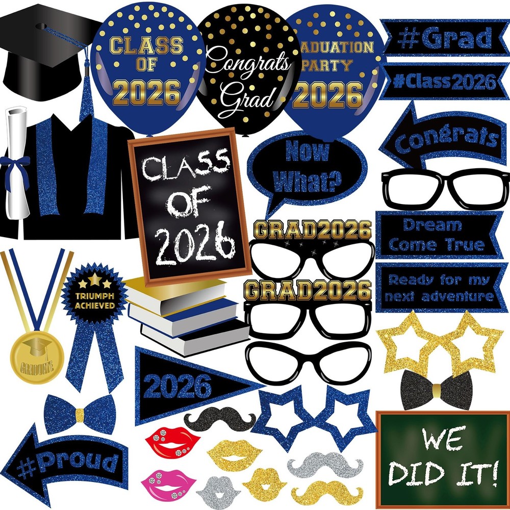 Class of 2026 Graduation Photo Booth Props Set – 35PCS Blue and Gold Graduati…