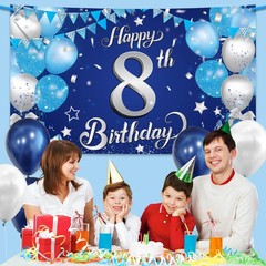 XtraLarge Silver and Blue Happy 8th Birthday Banner – 72×44 Inch | 8th Backdrop
