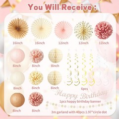 ChampagneGold Beige Birthday Decorations for Women Girls, Boho Peach Paper La…