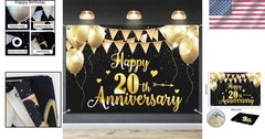 Reusable 6x4ft Happy 20th Anniversary Party Banner – Gorgeous Black Gold Design