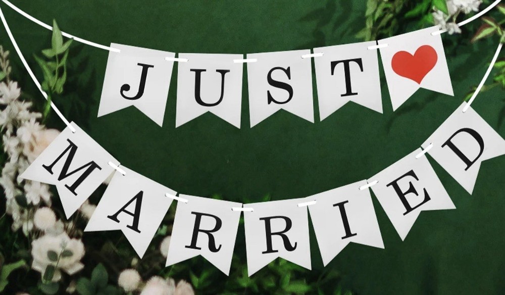 Cardboard “ Just Married” Banner With Satin Ribbon String Each Letter Is 6”x5”