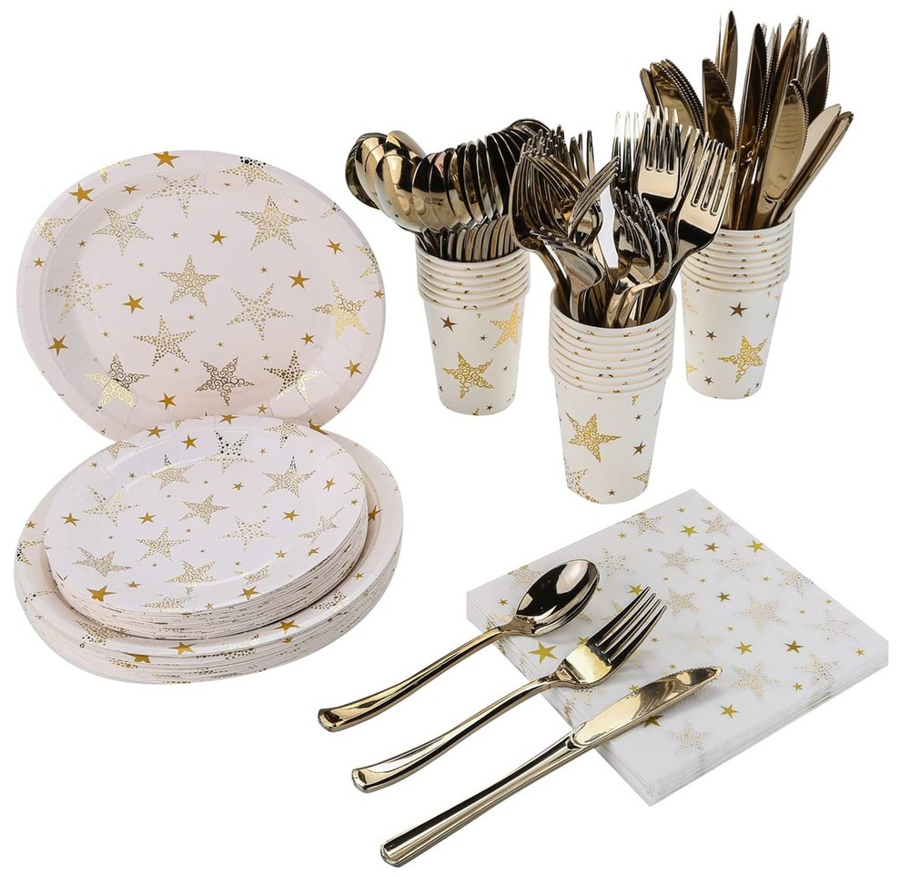 CONRADY 200 PCS Gold Star Disposable Party Dinnerware Set,25pcs Paper Plates,…