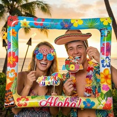Complete Hawaiian Luau Selfie Kit – 30 Props with Inflatable Frame for Parties