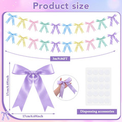2 Pcs Pastel Bow Garland Banner, Pre-Strung Satin Ribbon Bow Banner Pastel Party