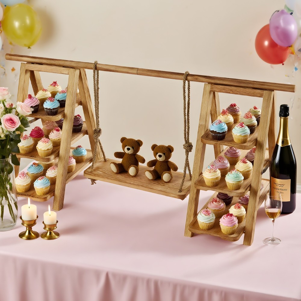 3 Tier Cupcake Stand Set with Swing Solid Wood Detachable Dessert Serving Ladder