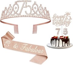 75th Birthday Decorations Set Rose Gold Sash Tiara Candles Cake Topper Supplies