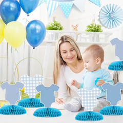 6 Pcs Blue Bodysuit Party Decorations, Blue Gingham Honeycomb Centerpieces, Birt