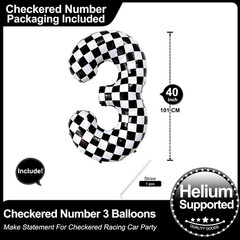 40 Inch Black White Checkered Number 3 Balloon Giant Race Car Themed Checkered B