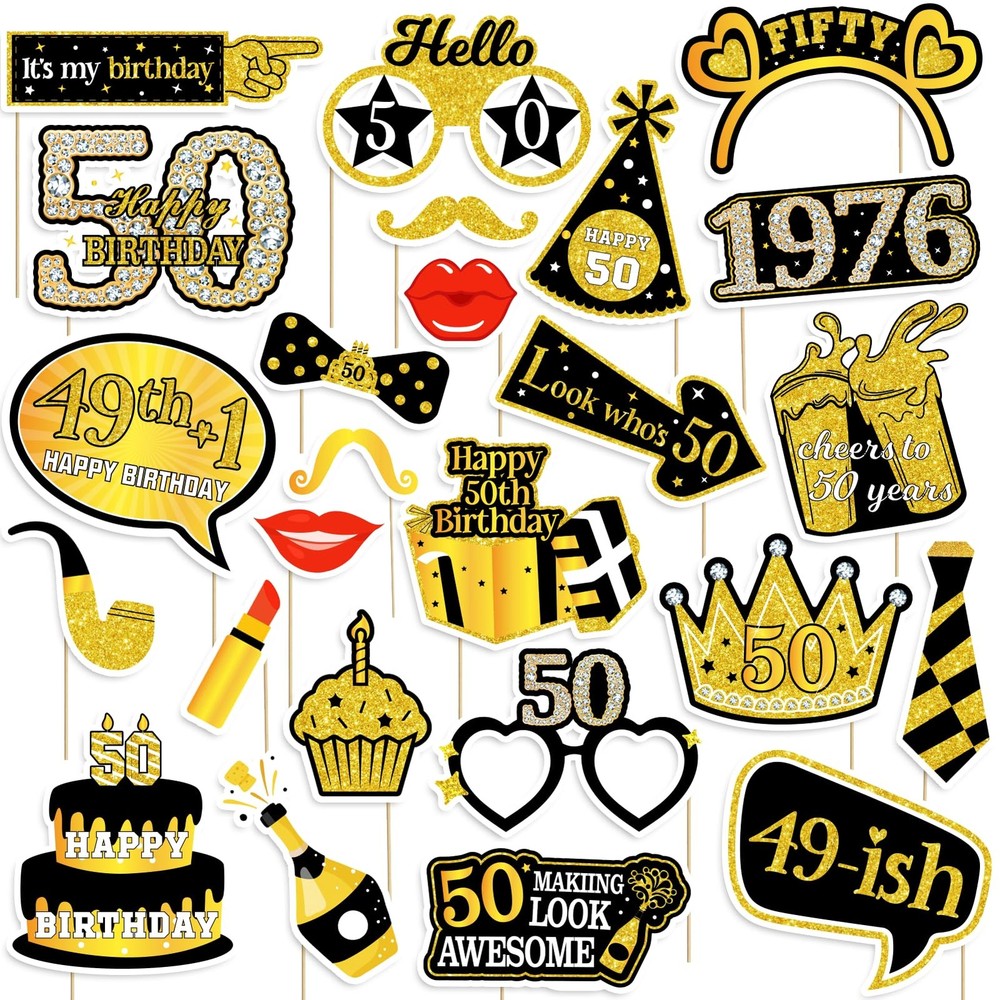 50th Birthday Photo Booth Props for Women & Men, Black Gold Adult 50th Birthd…