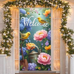 Spring Flower Bird Welcome Door Cover Decorations Floral Peony Hydrangea Yell…