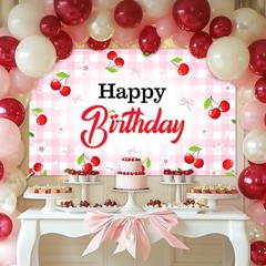 Cherry Birthday Banner Cherry Bow Birthday Decorations for Gilrs 6×3.6 ft