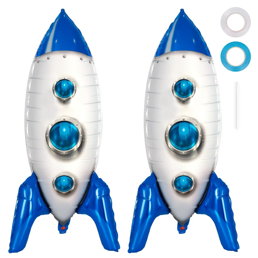 2 Pcs Large Blue Rocket Balloons for Kids, 33 Inch Rocket Ship Balloon, Outer Sp