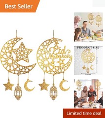 Versatile Wooden Eid Decor – 2-Piece Hanging Moon Stars for Home or Parties
