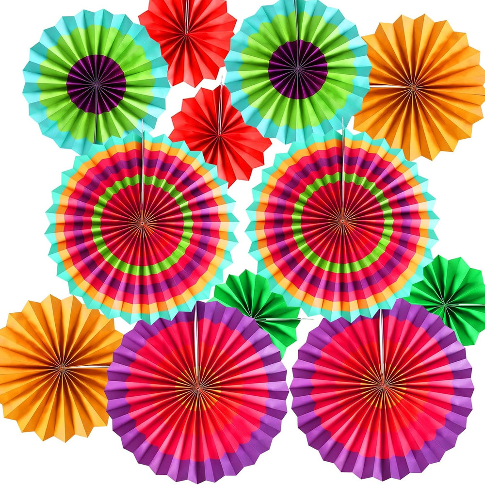 12PCS Multi-Color Hanging Paper Fans, Fiesta Party Decorations, Photo Props for
