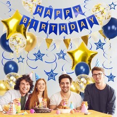 Navy Blue Gold Birthday Decorations, Happy Birthday Banner and Gold Star Ball…