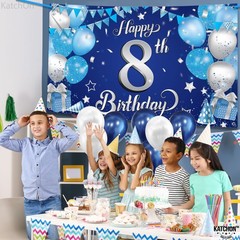 XtraLarge Silver and Blue Happy 8th Birthday Banner – 72×44 Inch | 8th Backdrop