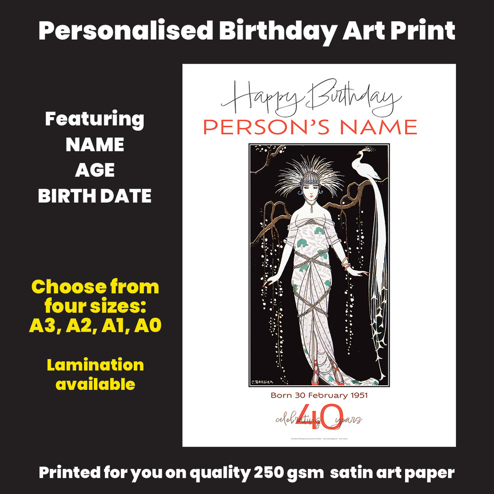 Birthday Retro Fashion Personalised Art Print – Peacock Design – 4 sizes Poster