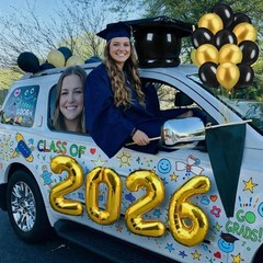 37 Pcs Graduation Car Decoration Kit – Inflatable Cap, Gold Foil Balloons, Marke