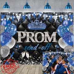 Class of 2026 Prom Backdrop Black Blue Silver Graduation Party Banner 94x70in