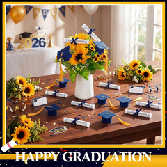 Mini Graduation Cap Decorations – 48 Pcs Blue Felt with Gold Tassel & Diploma