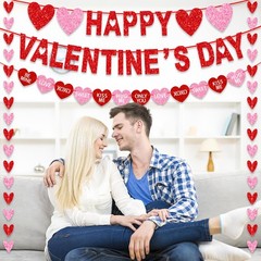 Happy Valentine’s Day Banner, Valentine’s Day Decorations Pre-Assembled Red Pink