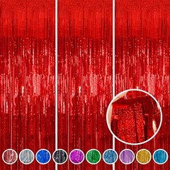 Foil Fringe Curtain Backdrop 3 Pack, 3.2 x 8.2 FT Party Decorations | 4th Red